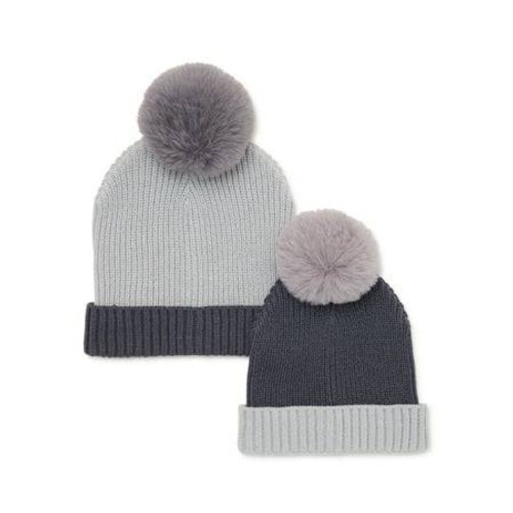 Mommy & Me Beanie Set Women S Kids Gray Matching 2-Piece Pom Pom Knit Hats